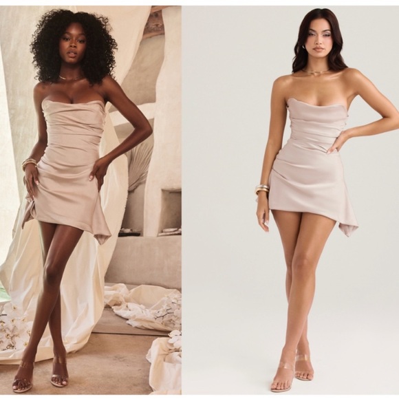House of Cb Jasmine Strapless Satin Mini Dress in Oyster Champagne - Picture 12 of 15